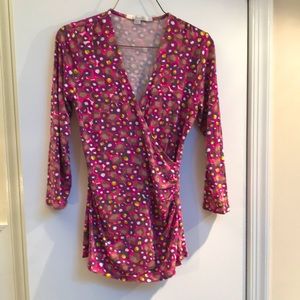 Boden faux wrap top. Sz 4. Bright pink, brown & white. Soft & comfy. 3/4 sleeves